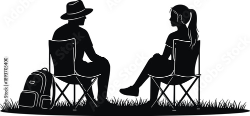 outdoor conversation silhouette, folding chair scene, black and white, nature sketch, camping moment, relaxed posture, silhouette artwork, backpack detail, 