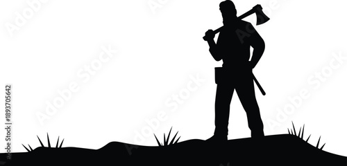 Lumberjack silhouette with axe, rugged outdoorsman figure, black vector illustration, wilderness survival concept, standing on grassy terrain