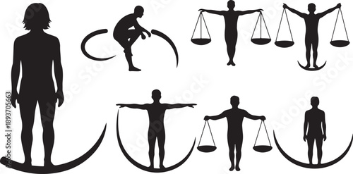 Silhouette of people on balance scales in various poses