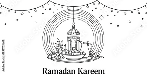 Ramadan Kareem lantern with dates and jug illustration featuring crescent moon lights and festive Islamic background