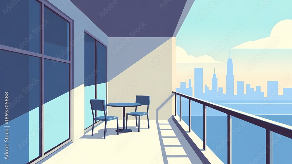 Naklejka premium Modern balcony terrace with table and chairs overlooking a distant city skyline