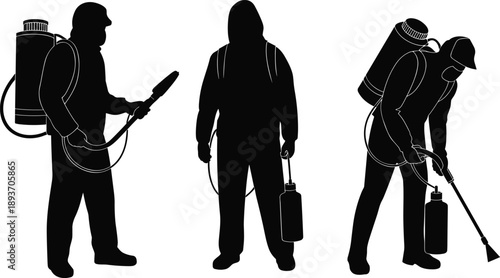 sanitation worker silhouette, disinfection team, pest control, protective gear, black and white, spray equipment, public health, silhouette artwork, 