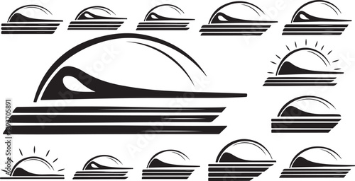 Sunrise and sunset logo designs with abstract wave motifs