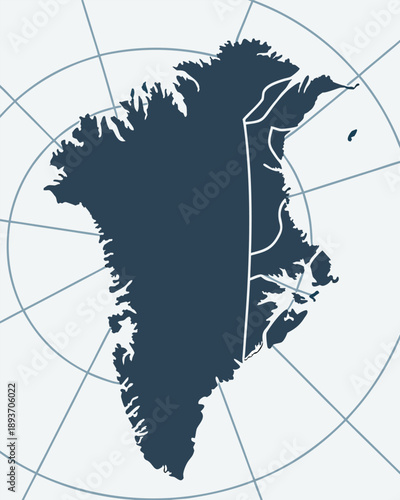 Stylized map silhouette of Greenland island displayed over a grid of latitude and longitude lines
