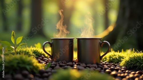 Steaming coffee mugs on moss with coffee beans in forest