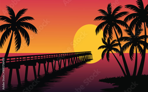 Wooden Pier Poster, long wooden pier, dark shadow on water, calm scene