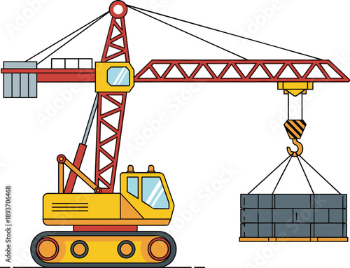 Tower crane on tracks lifting heavy concrete blocks at construction site, industrial machinery illustration for building project, engineering and architecture vector art
