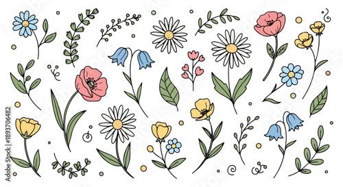 Hand Drawn Colorful Spring Flower and Leaf Doodle Vector Set
