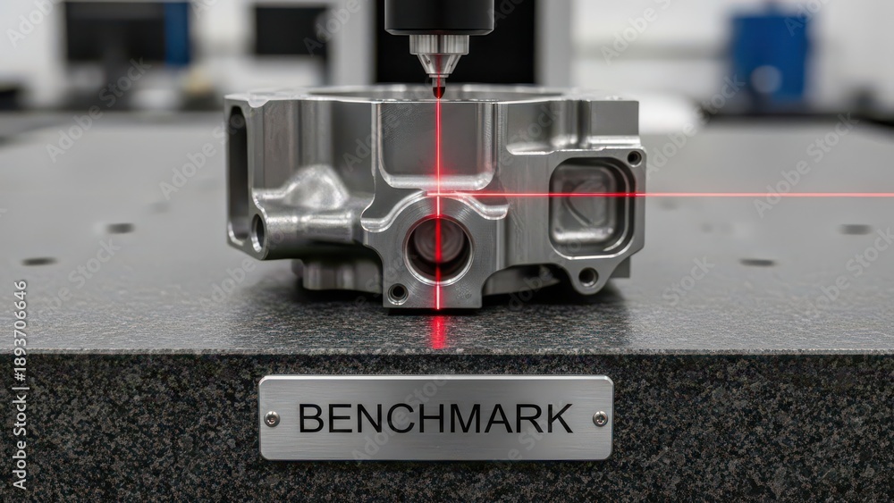 Fototapeta premium Precision measuring device with lasers on a metal component, labeled 'BENCHMARK'.