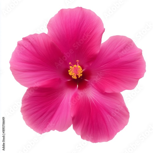 A detailed close up image of a single vibrant pink hibiscus flower with delicate petals and a white background. Generative AI.