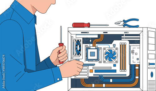 Technician repairing desktop computer hardware, internal components exposed, screwdriver in hand, maintenance process, IT support, tech repair, vector illustration
