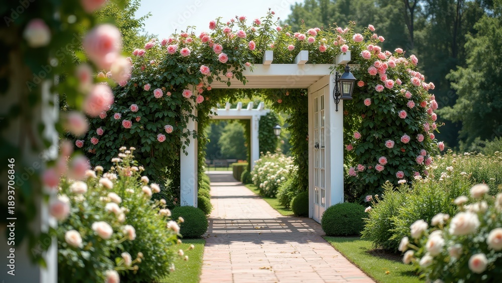 Fototapeta premium Garden arbor climbing roses blooming, summer landscape architecture romantic beautiful, concept of wedding, gardening, floristry
