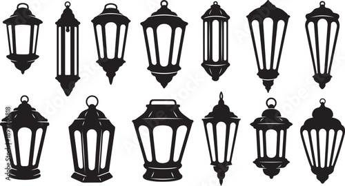 Collection of black lanterns on white background illustration set