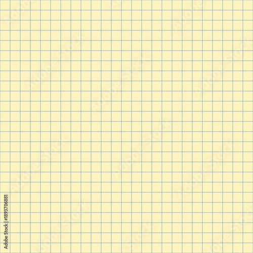 Old yellow square notebook paper seamless pattern. Squared grid texture with blue lines. Paper math mesh sheet seamless background. Vector illustration isolated on white background.
