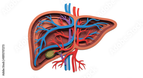 Detailed anatomical illustration of human liver with blood vessels