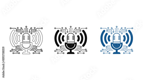 Digital Microphone Icon with Circuit Board Lines - AI Voice Technology and Podcast Streaming Concept