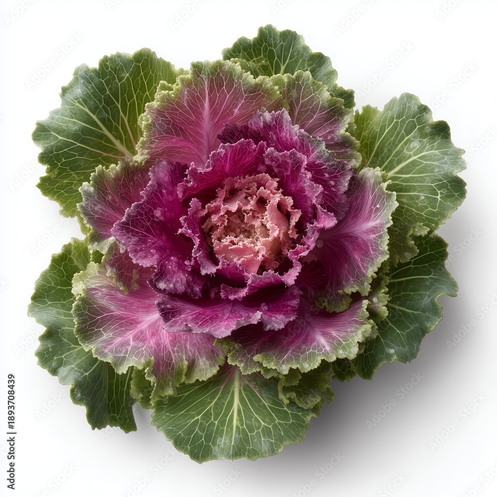 Obraz premium Close up of an ornamental cabbage with vivid purple and green leaves, displaying natural beauty and texture. Generative AI.