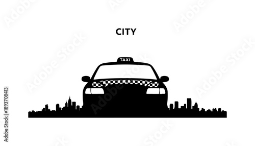 Cityscape with Black Silhouette Taxi