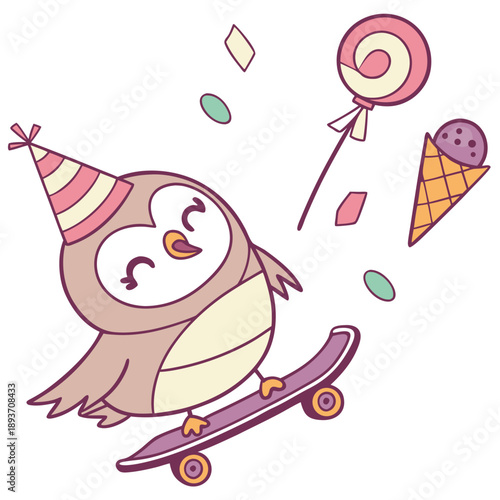 Vector illustration of a Gentle Owl with riding a skateboard, styled in a Birthday theme using Candy Shop colors