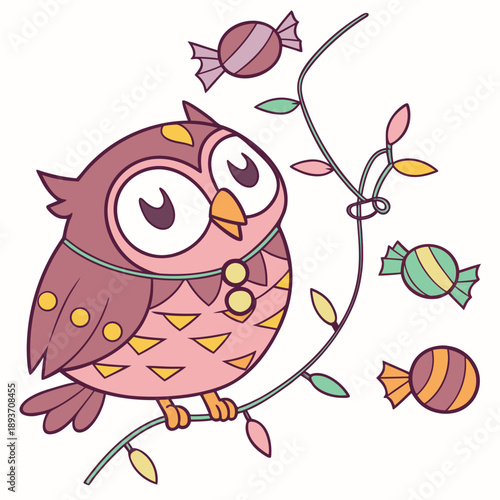 Charming SVG of a Funny Owl featuring wrapped in fairy lights, styled in a Birthday theme with Candy Shop hues