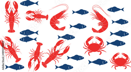 Flat seafood pattern vector illustration with red lobsters, crabs and blue fish silhouettes isolated on white background