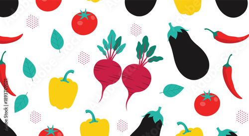Seamless vegetable pattern vector illustration with beetroot, tomato, pepper, chili, eggplant and leaves on white background