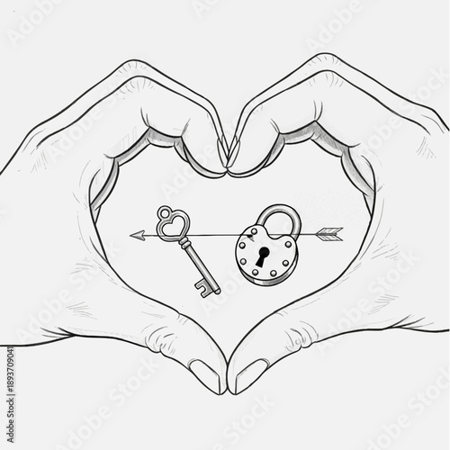 Hands of Love Pencil Sketch Close Up of Heart Shape with Key Lock Romantic Illustration