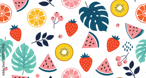 Seamless tropical fruit and leaf pattern vector illustration with strawberries, watermelon, kiwi, citrus and monstera leaves