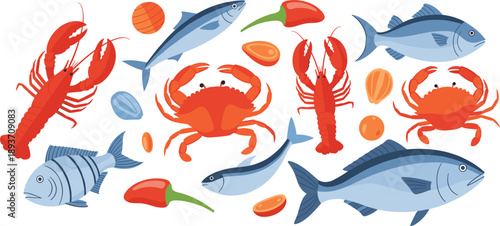 Flat seafood illustration set with fish, lobsters, crabs and chili pepper elements isolated on white background