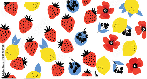 Seamless colorful fruit and flower pattern vector illustration with strawberries, lemons, berries and floral elements on white