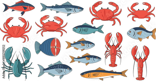 Flat seafood collection vector illustration with fish, crabs, lobsters and salmon slice isolated on white background