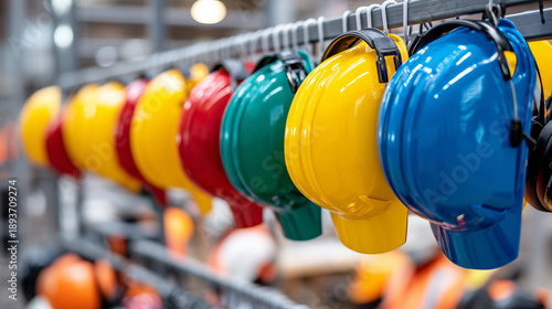 Close-up row of neatly organized protective ear muffs hanging on hooks, workplace safety equipment storage system, industrial safety concept with organized PPE, construction or fac