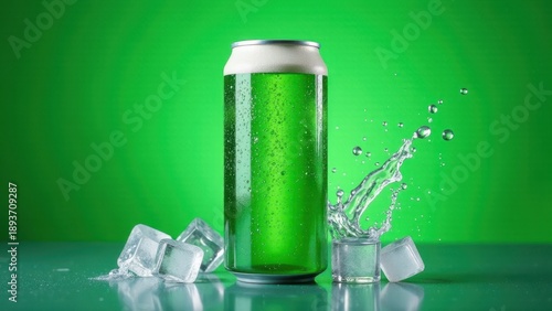 Green beer beverage can with ice splash St. Patrick's Day