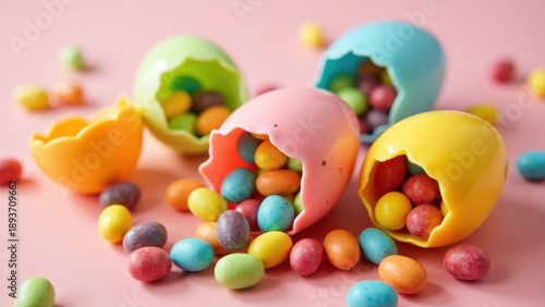 Candy filled Easter eggs, jellybeans chocolates inside, plastic shells opened, colorful sweet treasures, bright sugar candy