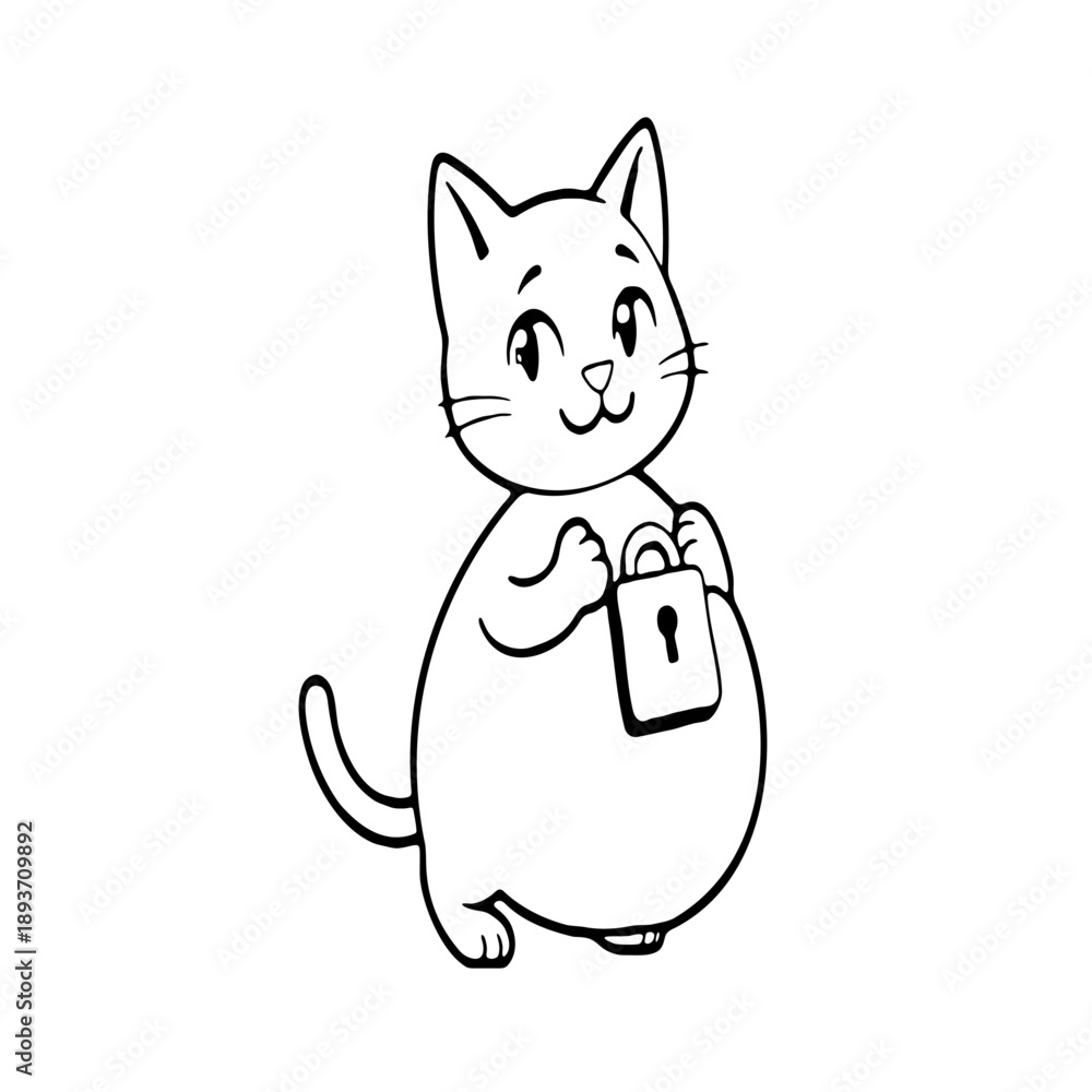 Obraz premium Cute cat character illustrated in simple black and white line art
