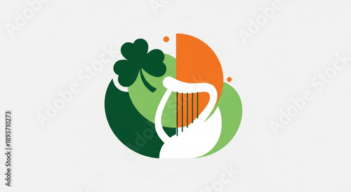 St patrick's day logo with shamrock and harp in green orange and white on gray background