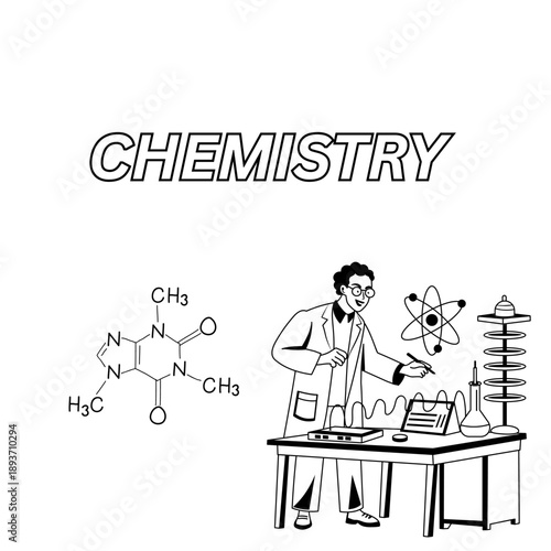 Science illustration of a chemist working in a lab with formulas, test tubes, and atomic symbols. Great for chemistry education, research, laboratory equipment, and medical science.