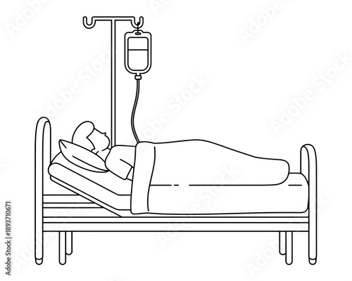 Patient lying in hospital bed with intravenous drip on pole beside