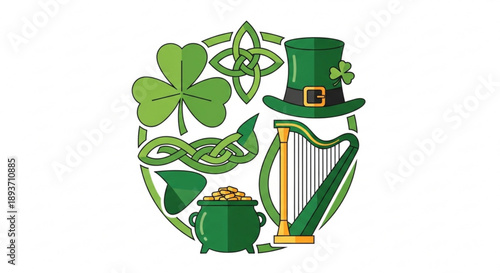 St patrick's day symbols green shamrock leprechaun hat gold coins celtic knot harp ireland luck festive emblem