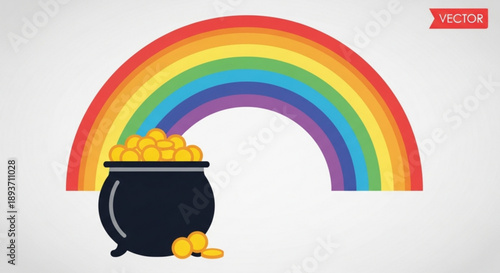 Colorful rainbow vector graphic with black pot of gold coins on white background symbolizing good luck and wealth