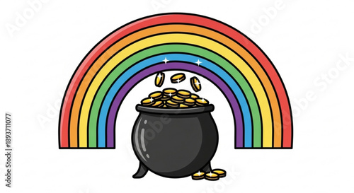 Colorful rainbow with gold coins spilling from black pot symbolizing luck and wealth in a vibrant illustration
