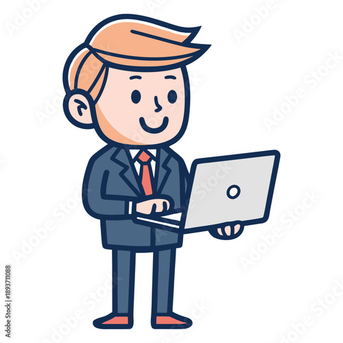 Flat Minimal Business Cartoon Character Holding Laptop – Professional Bold Outline PNG