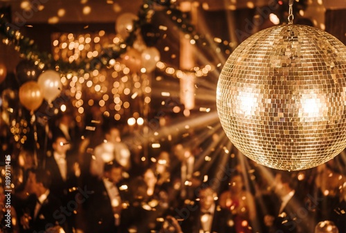 Golden sparkling disco ball hanging at a glamorous party with falling confetti and blurred crowd