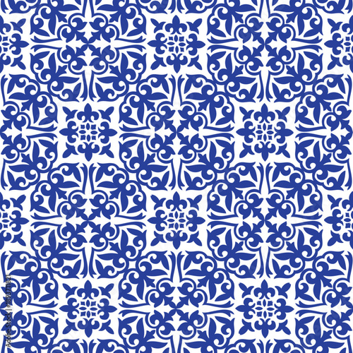 Seamless pattern in traditional style Portuguese tiles azulejo. Cerulean ethnic background. Geometric Moroccan Seamless Pattern. Moroccan azulejo, majolica tile,Talavera, Damask, Mediterranean ceramic