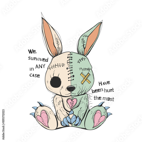 Wounded Bunny with Quote Hand Drawn Emotional Illustration