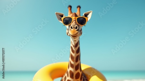 Giraffe wearing yellow sunglasses in inflatable ring on blue background, funny animal summer vacation concept with pool float, concept of summer fun, travel advertising, humor