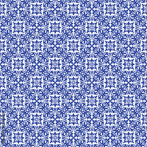 
Seamless pattern in traditional style Portuguese tiles. Geometric Moroccan Seamless Pattern Arabesque blue, white. Moroccan azulejo pattern, majolica tile,Talavera, Damask, Mediterranean ceramic