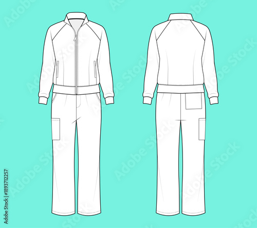 Women’s Zip-Up Bomber Jacket and Cargo Pants Set – Fashion Technical Flat Sketch