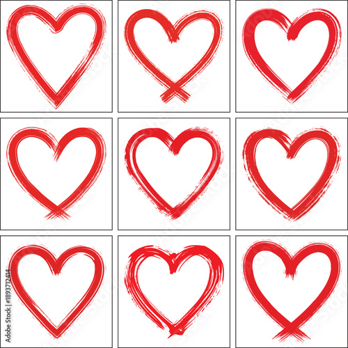 Red Hearts Variations: A collection of various red heart outlines showcases the symbol of love in different shapes and styles, exuding warmth and romance.