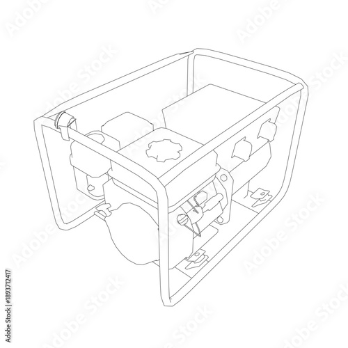 A black and white line drawing depicts an electric generator's wiring contour within a schematic box. The technical diagram features a prominent handle and clean connections.